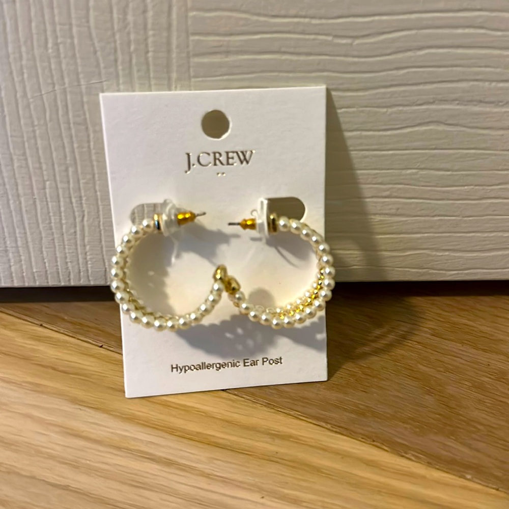 J Crew Factory pearl and gold half hoop earrings
